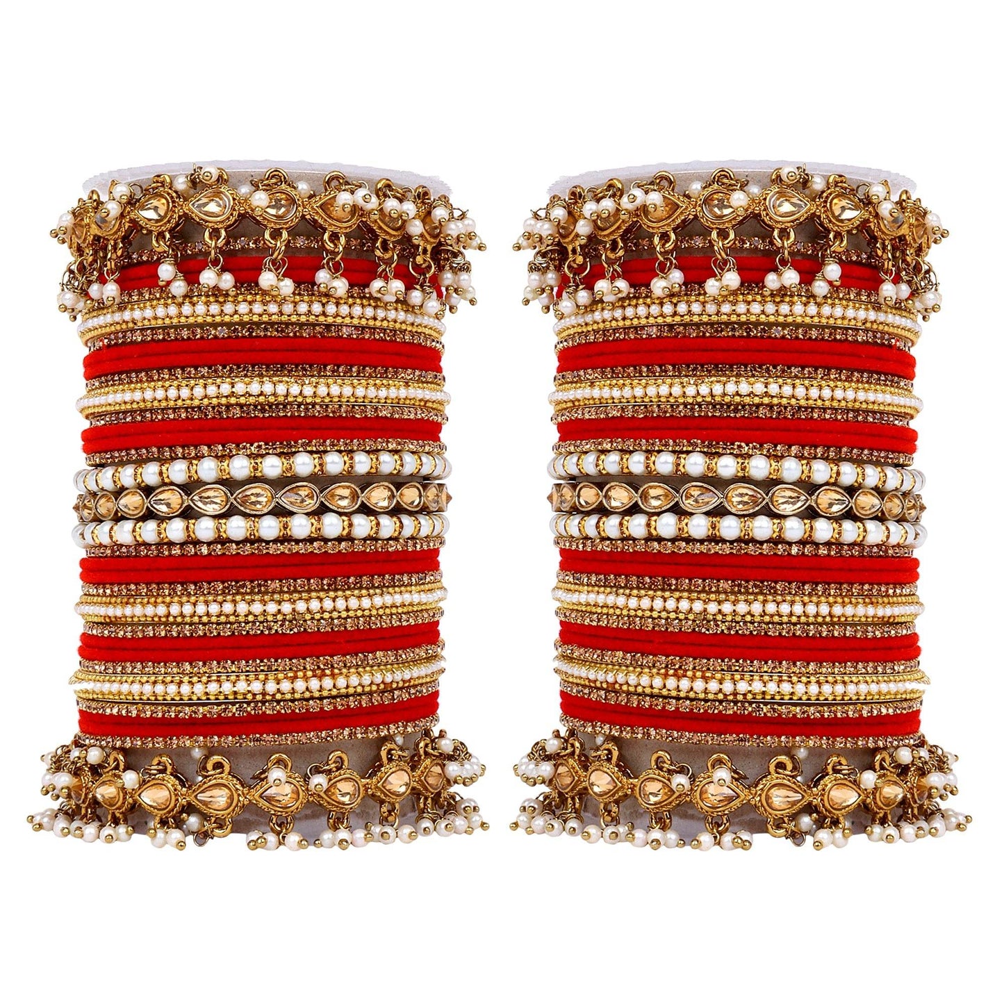 Bridal Bangle set with Pearl and Kundan and Velvet Bangles Red T4 Jewels