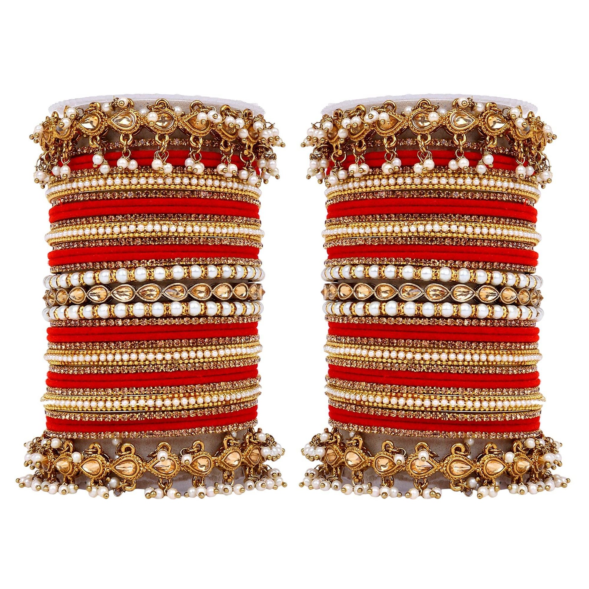 Bridal Bangle set with Pearl and Kundan and Velvet Bangles Red T4 Jewels