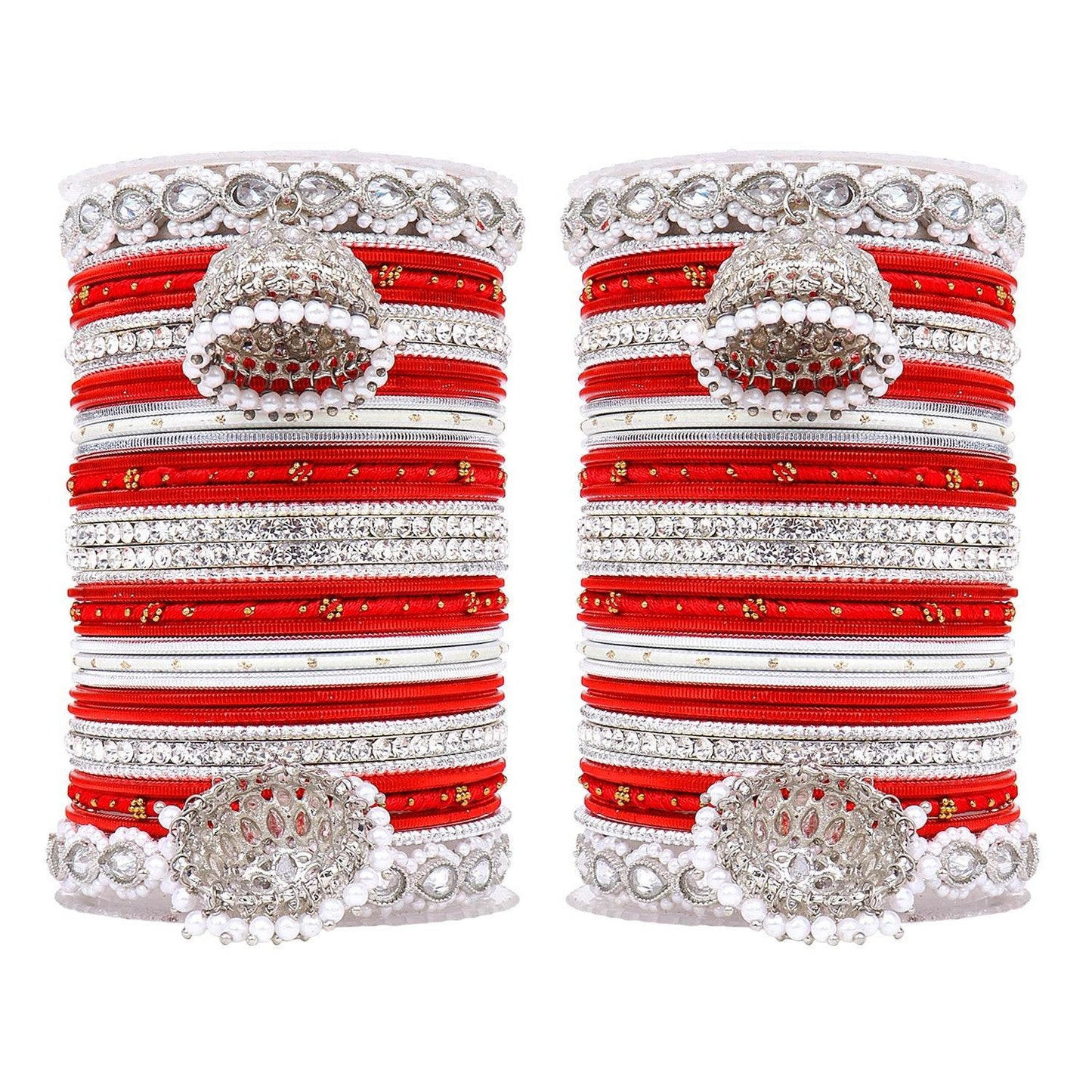 Pastel Coloured Bridal Bangle set with Silver kundan Jhumki Red T4 Jewels