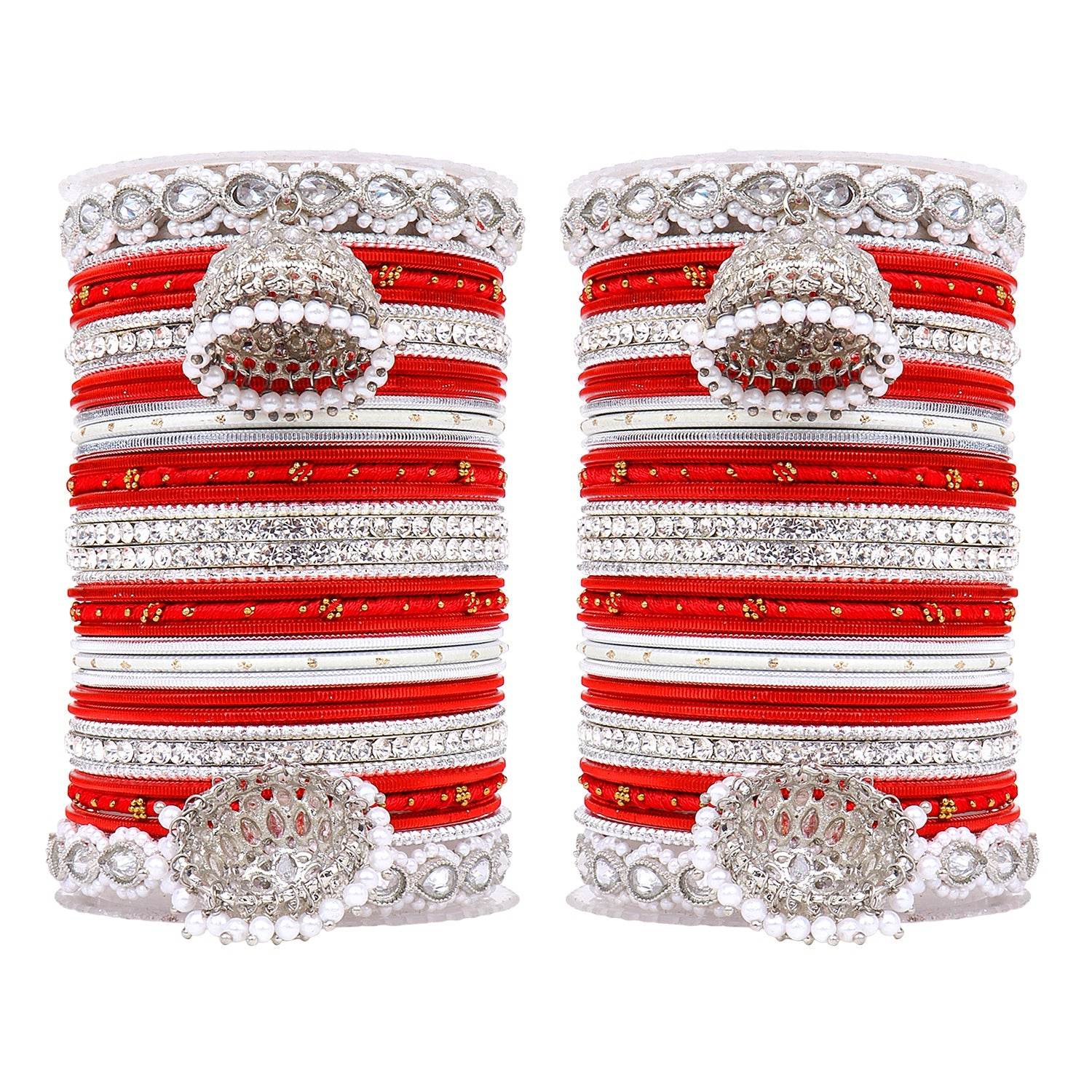 Pastel Coloured Bridal Bangle set with Silver kundan Jhumki Red T4 Jewels