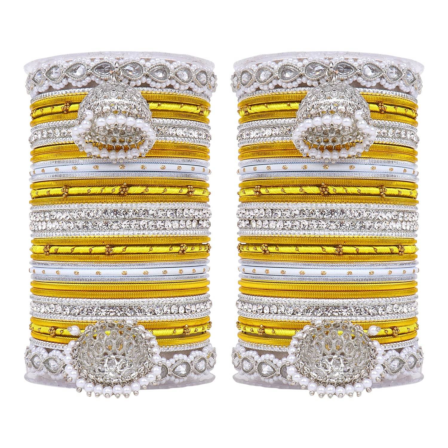 Pastel Coloured Bridal Bangle set with Silver kundan Jhumki Yellow T4 Jewels