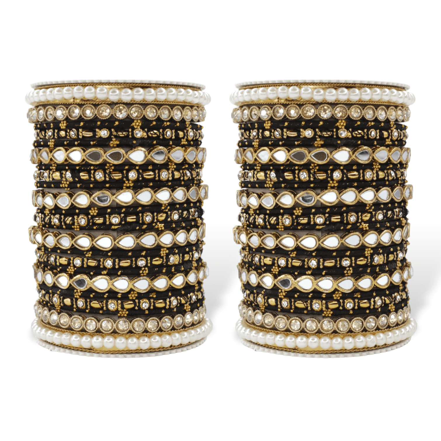 Bangle Set with Drop Mirror Kada and Pearl by T4 Jewels Black T4 Jewels