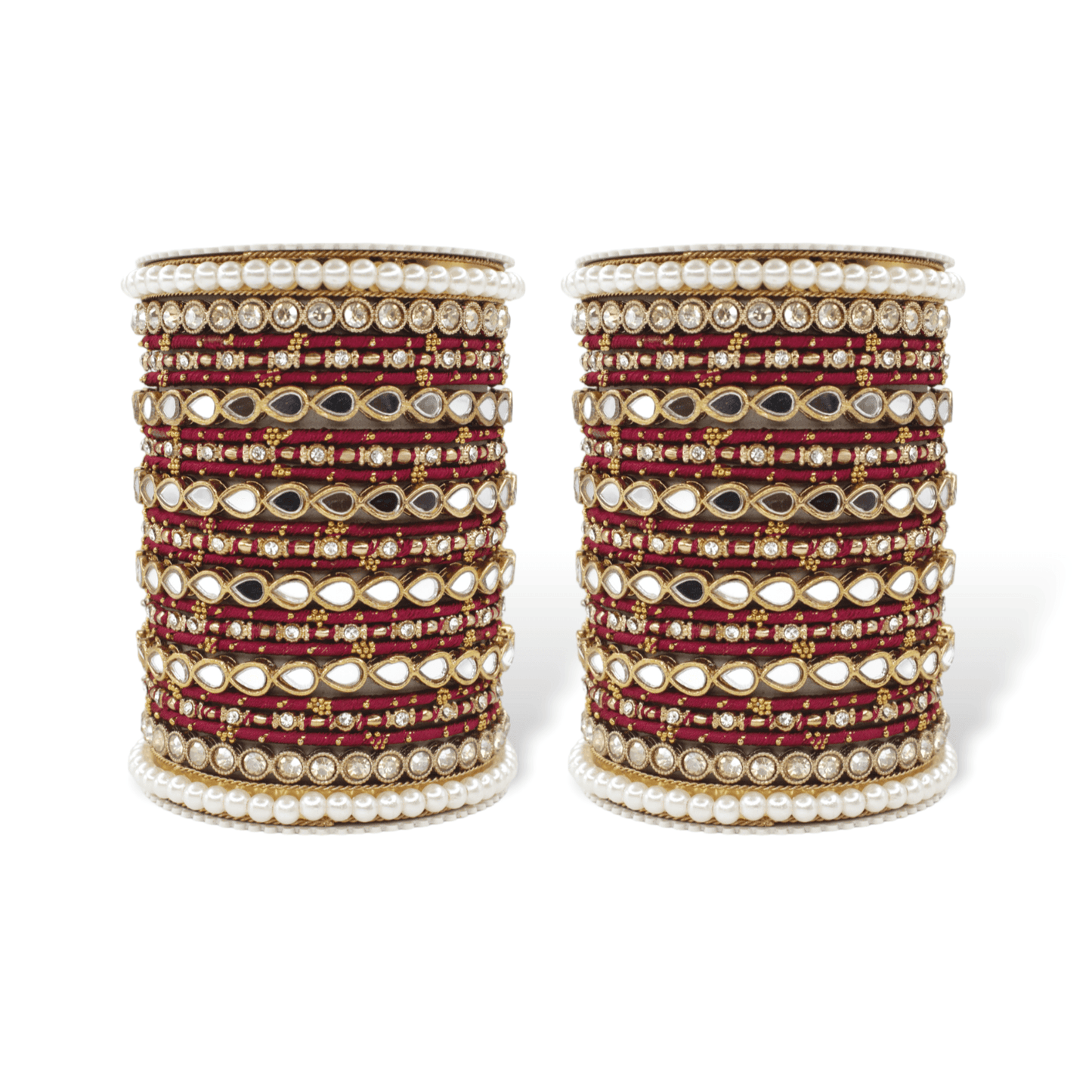 Bangle Set with Drop Mirror Kada and Pearl by T4 Jewels Maroon T4 Jewels