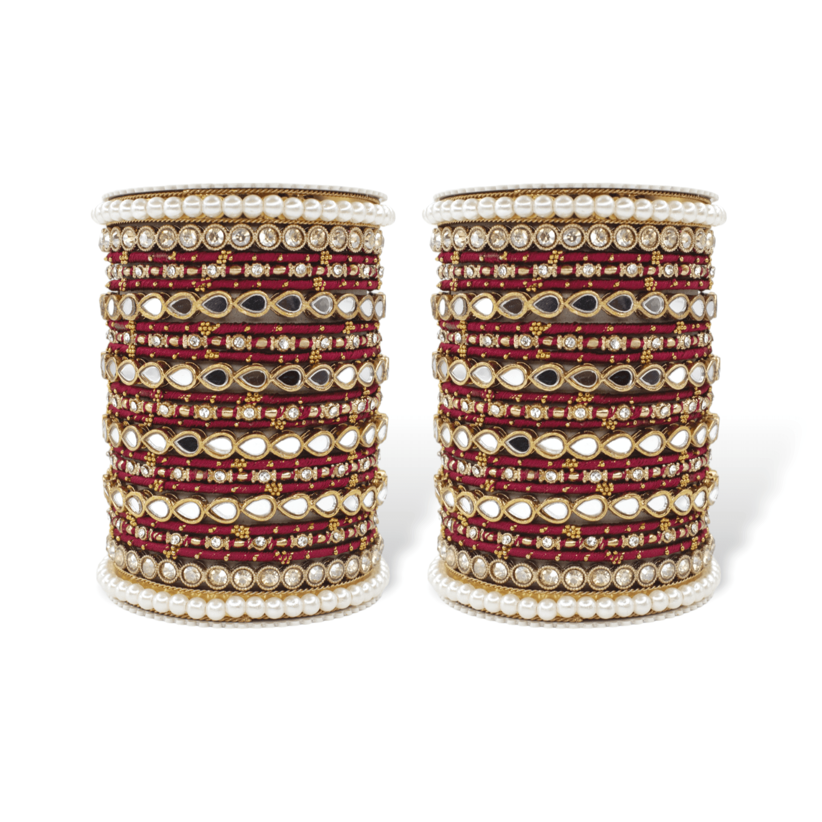 Bangle Set with Drop Mirror Kada and Pearl by T4 Jewels Maroon T4 Jewels