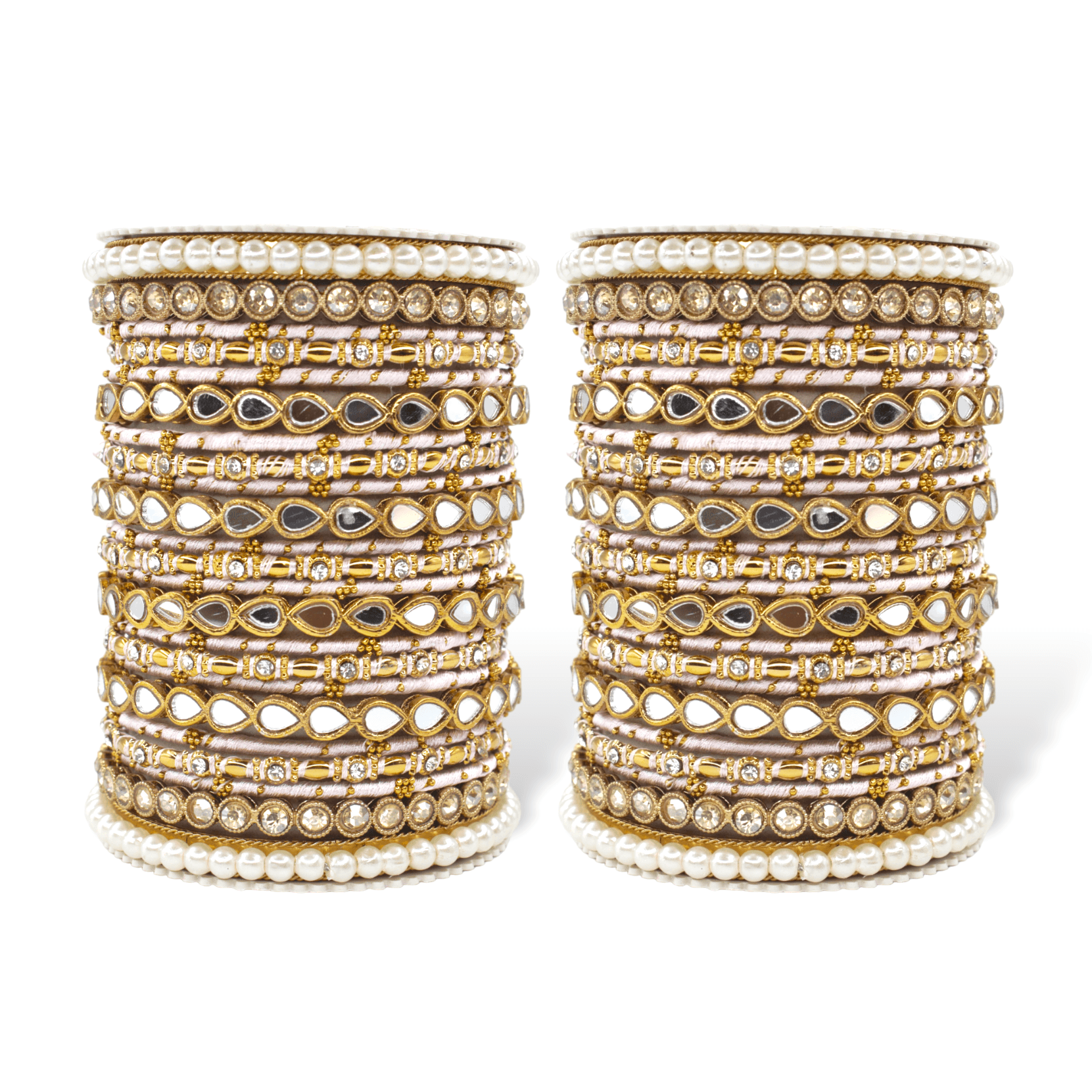 Bangle Set with Drop Mirror Kada and Pearl by T4 Jewels Baby Pink T4 Jewels