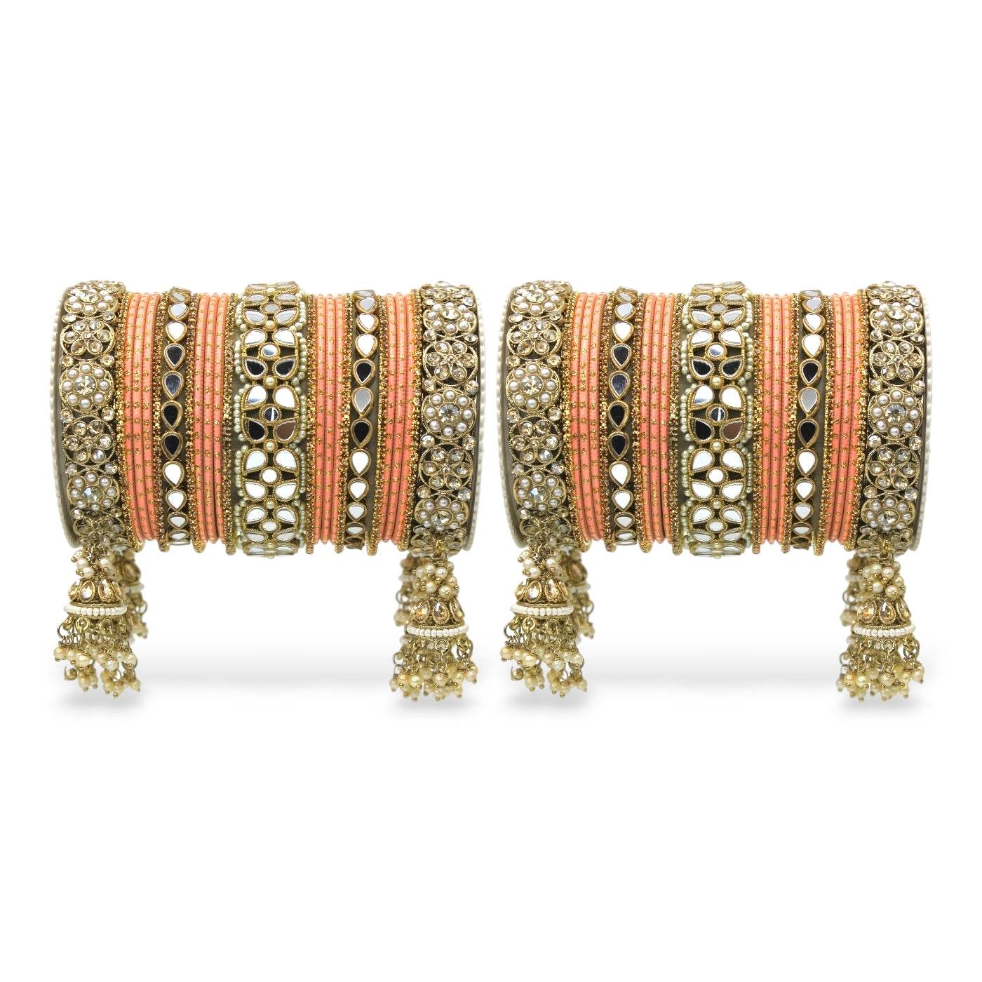 Mirror Style Bangle set with Jhumki for two hands by T4 Jewels Peach T4 Jewels