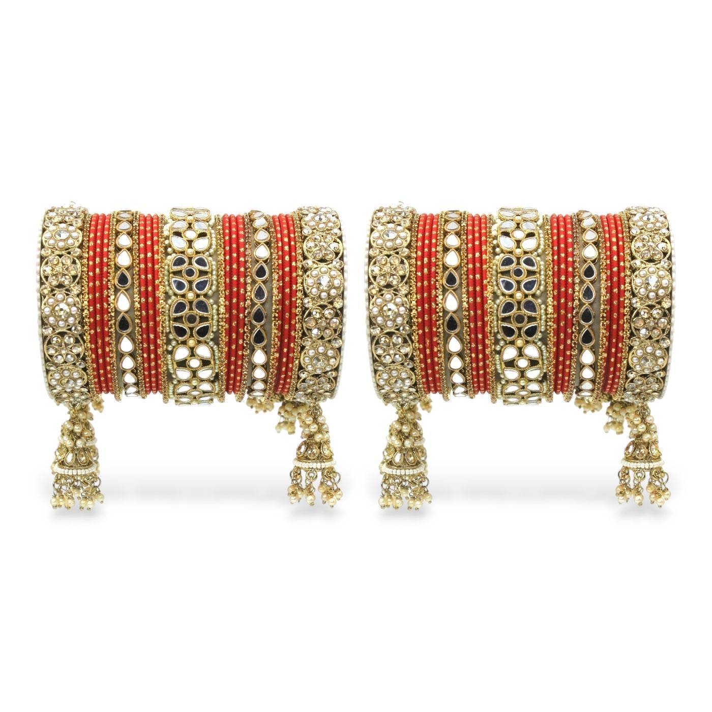 Mirror Style Bangle set with Jhumki for two hands by T4 Jewels Red T4 Jewels