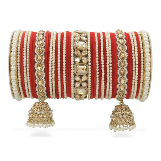 Jhumki Bangle set with Pearl Kadas for two hands by T4 Jewels Red T4 Jewels