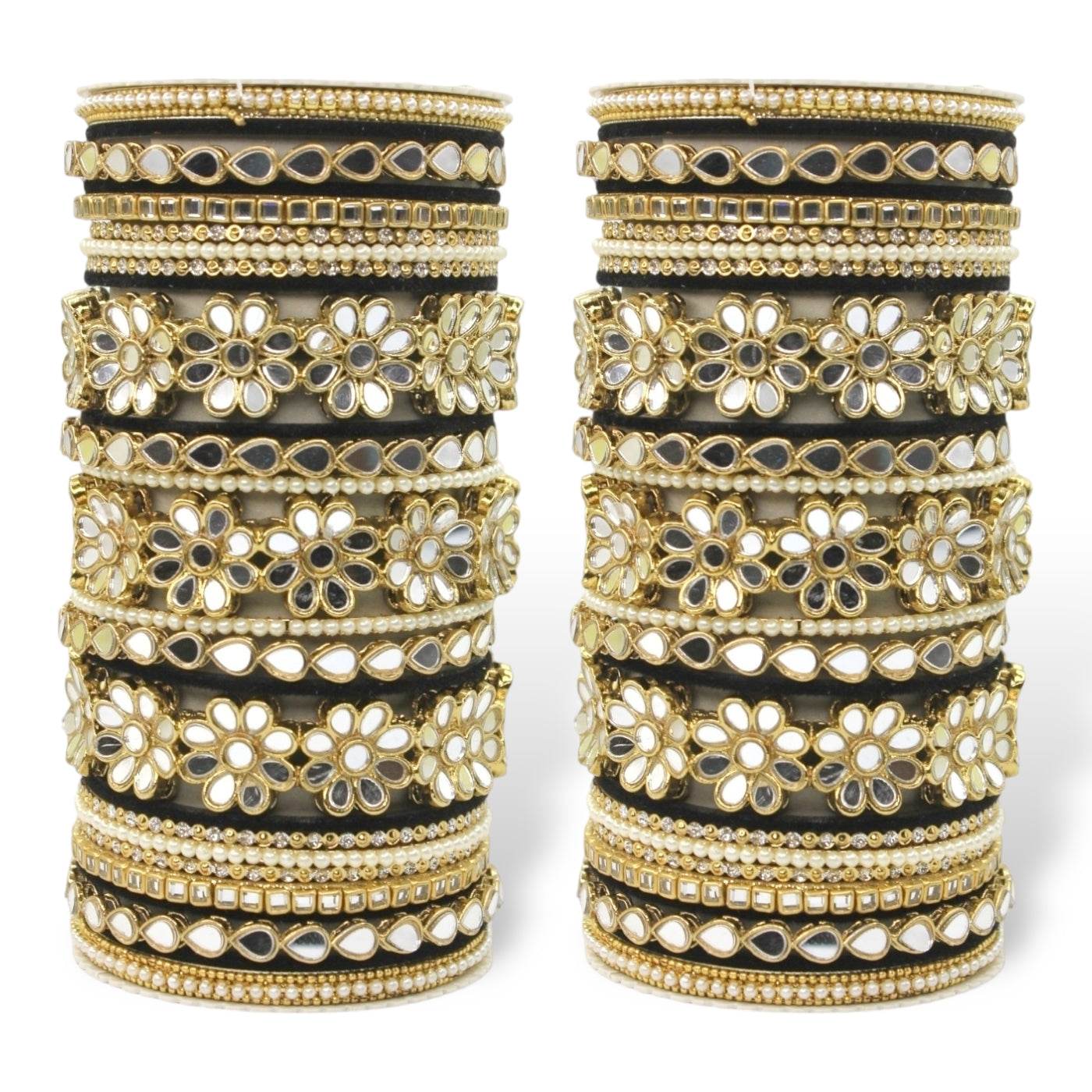 Mirrored Bridal Bangle Set with Silk thread Bangles by T4 Jewels Black T4 Jewels