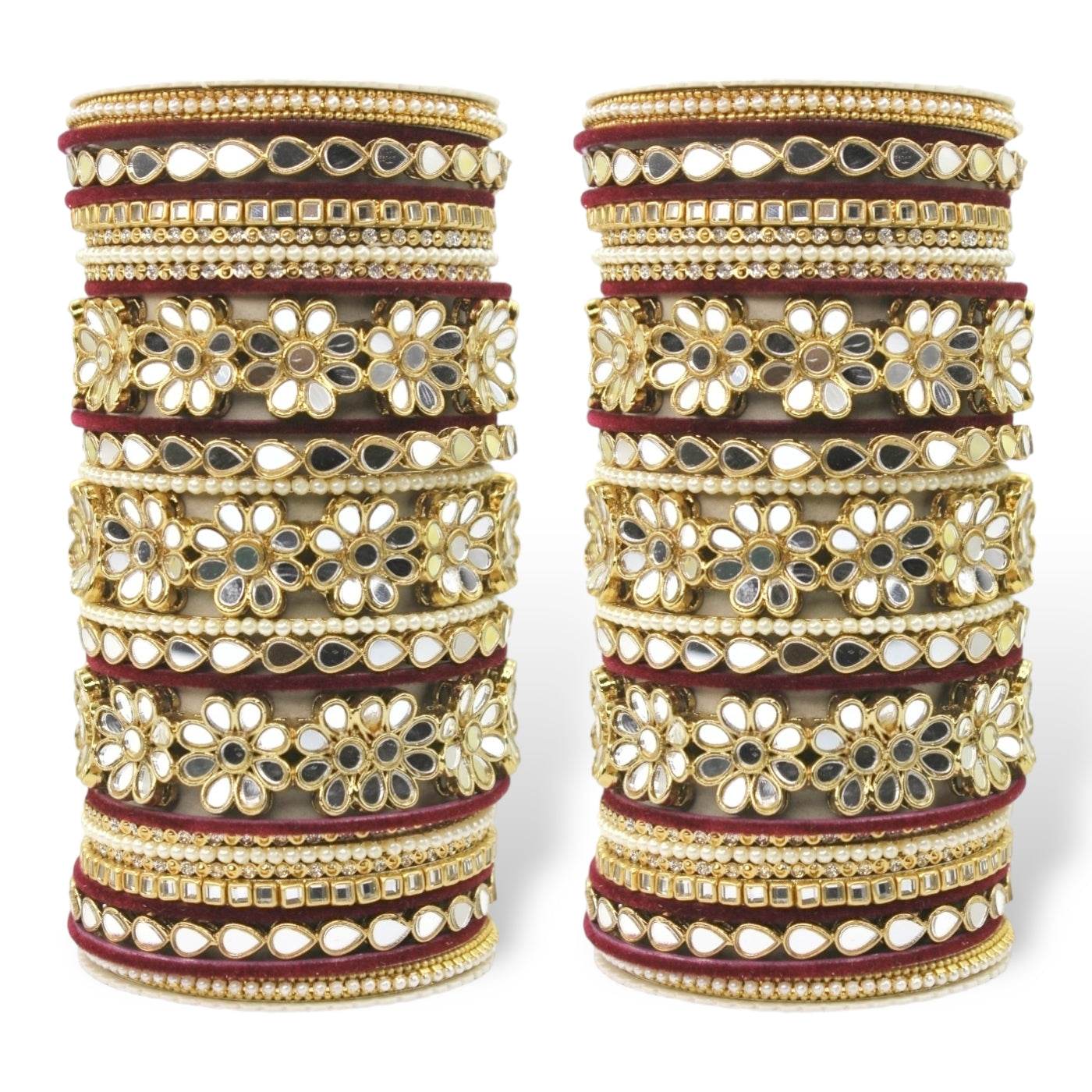 Mirrored Bridal Bangle Set with Silk thread Bangles by T4 Jewels Maroon T4 Jewels