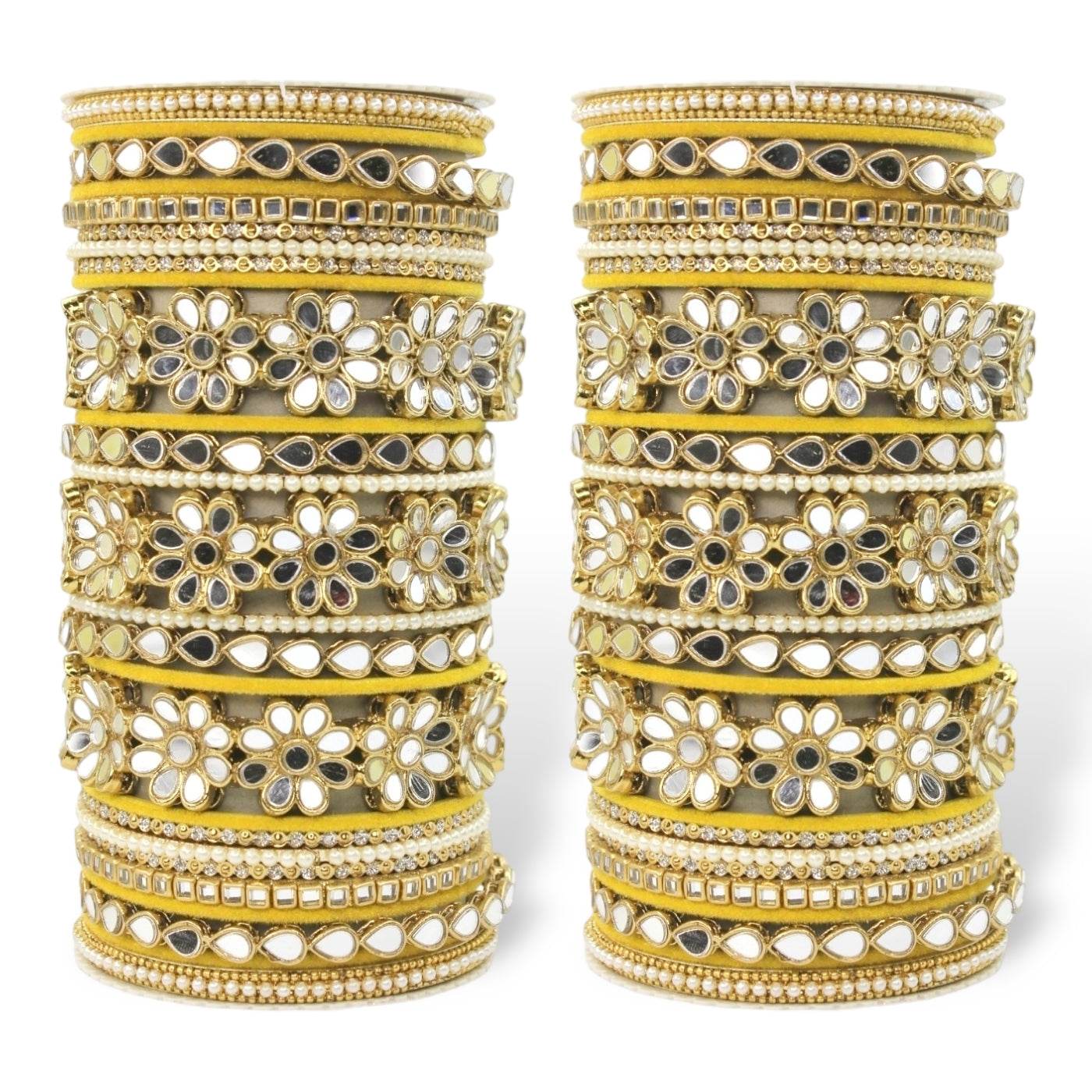 Mirrored Bridal Bangle Set with Silk thread Bangles by T4 Jewels Yellow T4 Jewels