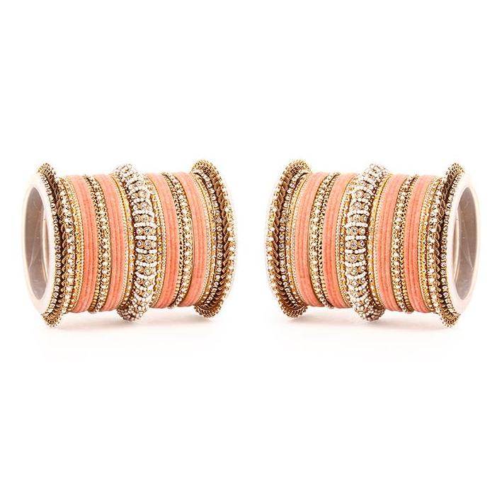 Set of 2 Beautiful Velvet Bangle And Pearl Bangle Set Peach T4 Jewels