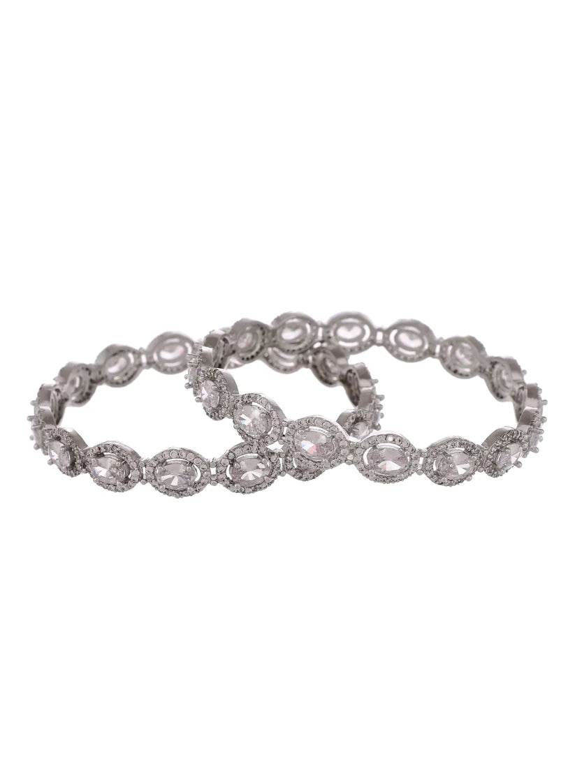Set of 2 Silver Plated American Diamond Stone Studded Handcrafted Bangles (AD-0013) T4 Jewels