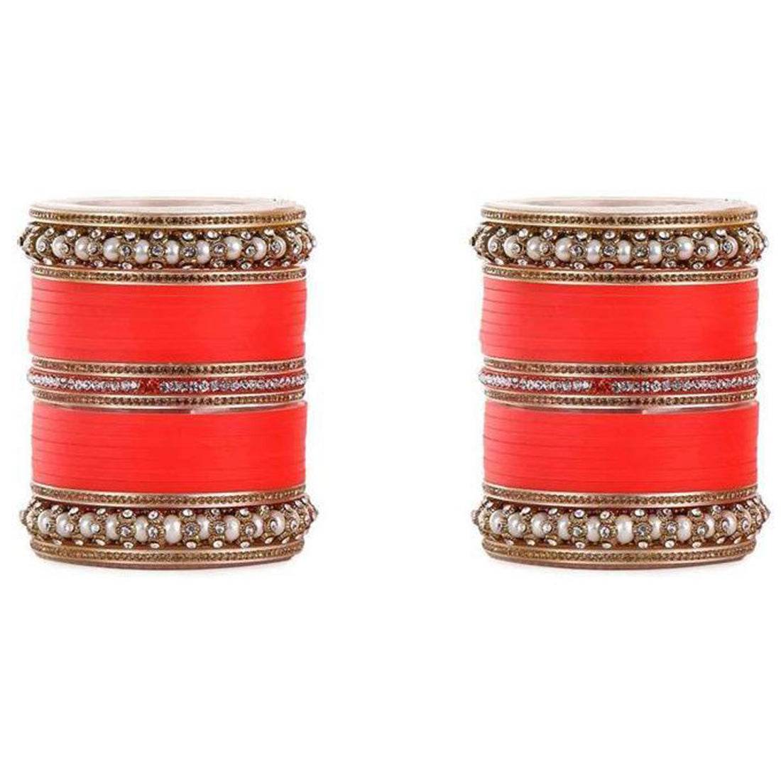 Wedding Chura With Pearl And Stone Kada Orange T4 Jewels