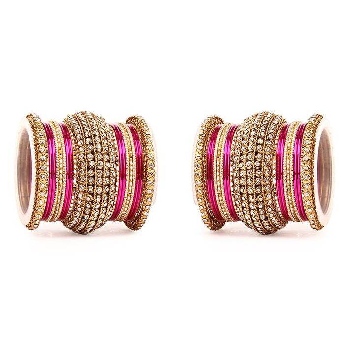 Set of 2 Colored Chakri Shining Bangle Set Pink T4 Jewels
