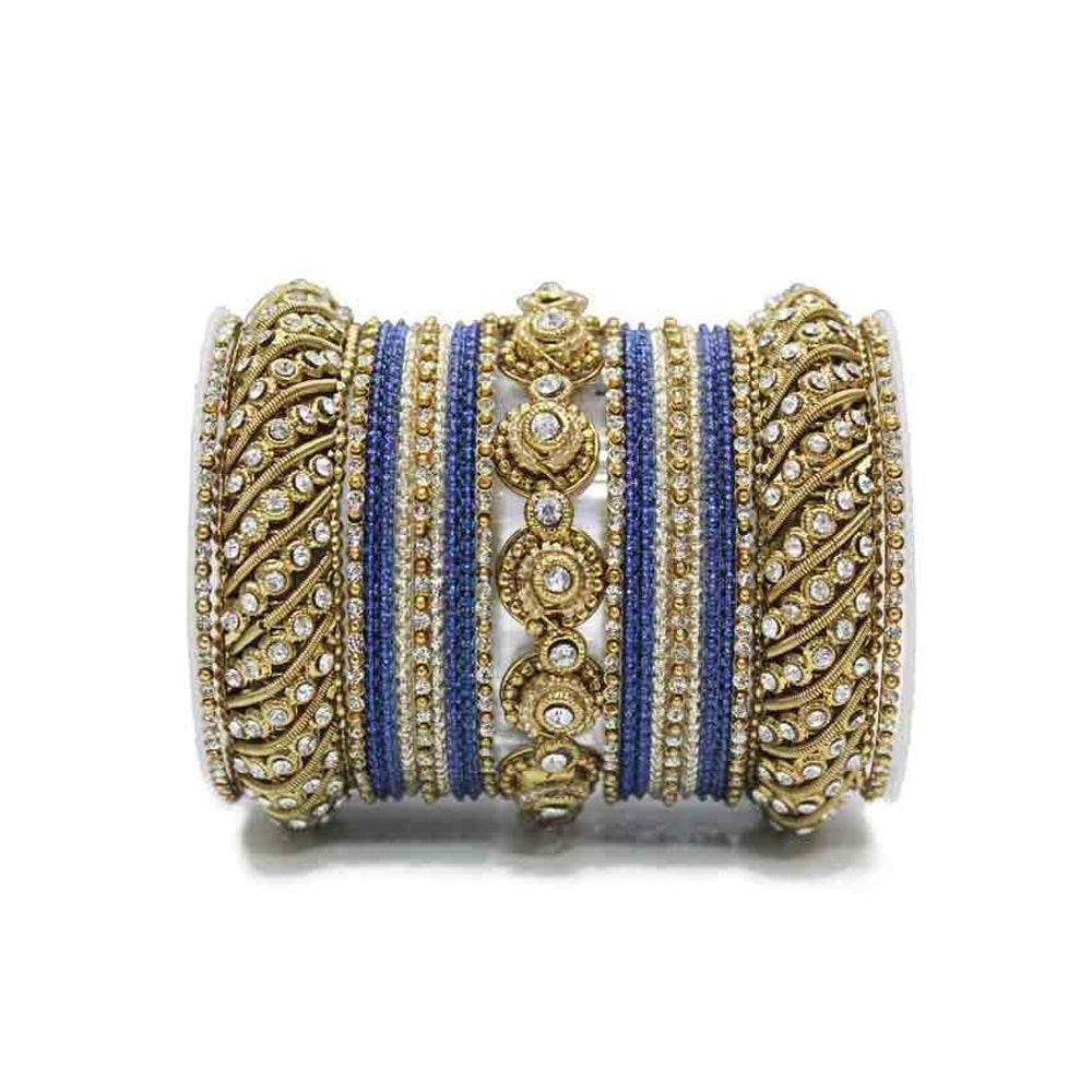 Traditional Colored Textured Bangle Set For Single Hand Golden-Blue T4 Jewels