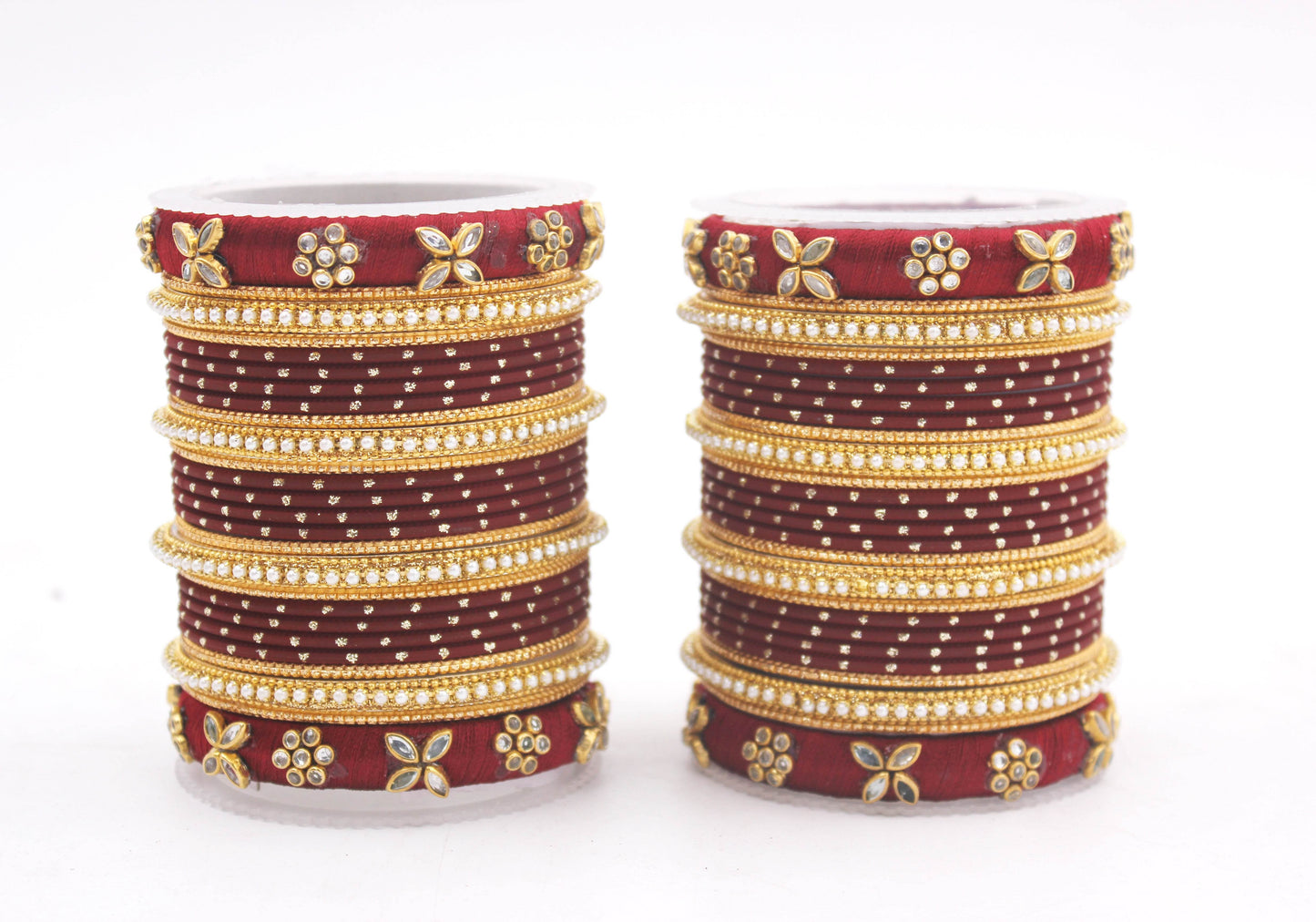 Set of 2 Bangle sets with Thread Bangles with floral Design Maroon T4 Jewels