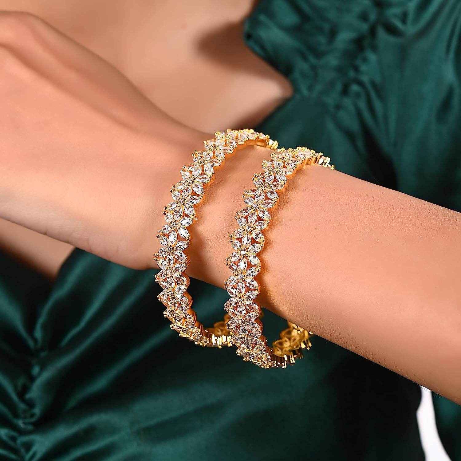Trending American Diamond Gold Plated Bangle Kada Set For Women & Girls (Set Of 2)