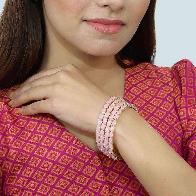 Set Of Four Gold Plated Pink American diamond Handmade Ethnic bangle for women (AD-0018)