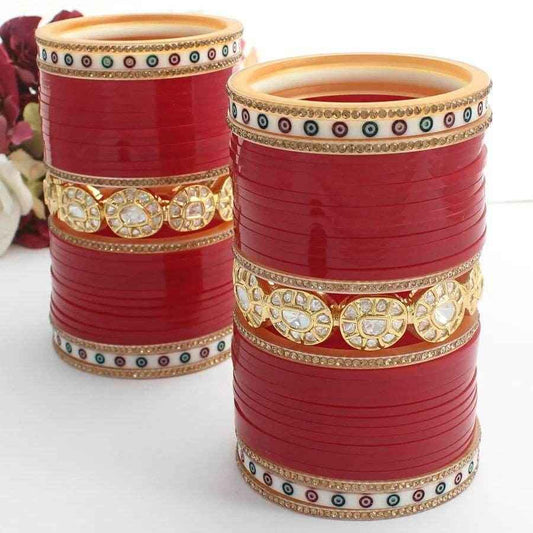 T4 Jewels Red Bridal Chuda With Circle Design Golden Kada -Availbale In All Sizes (CH18Z)