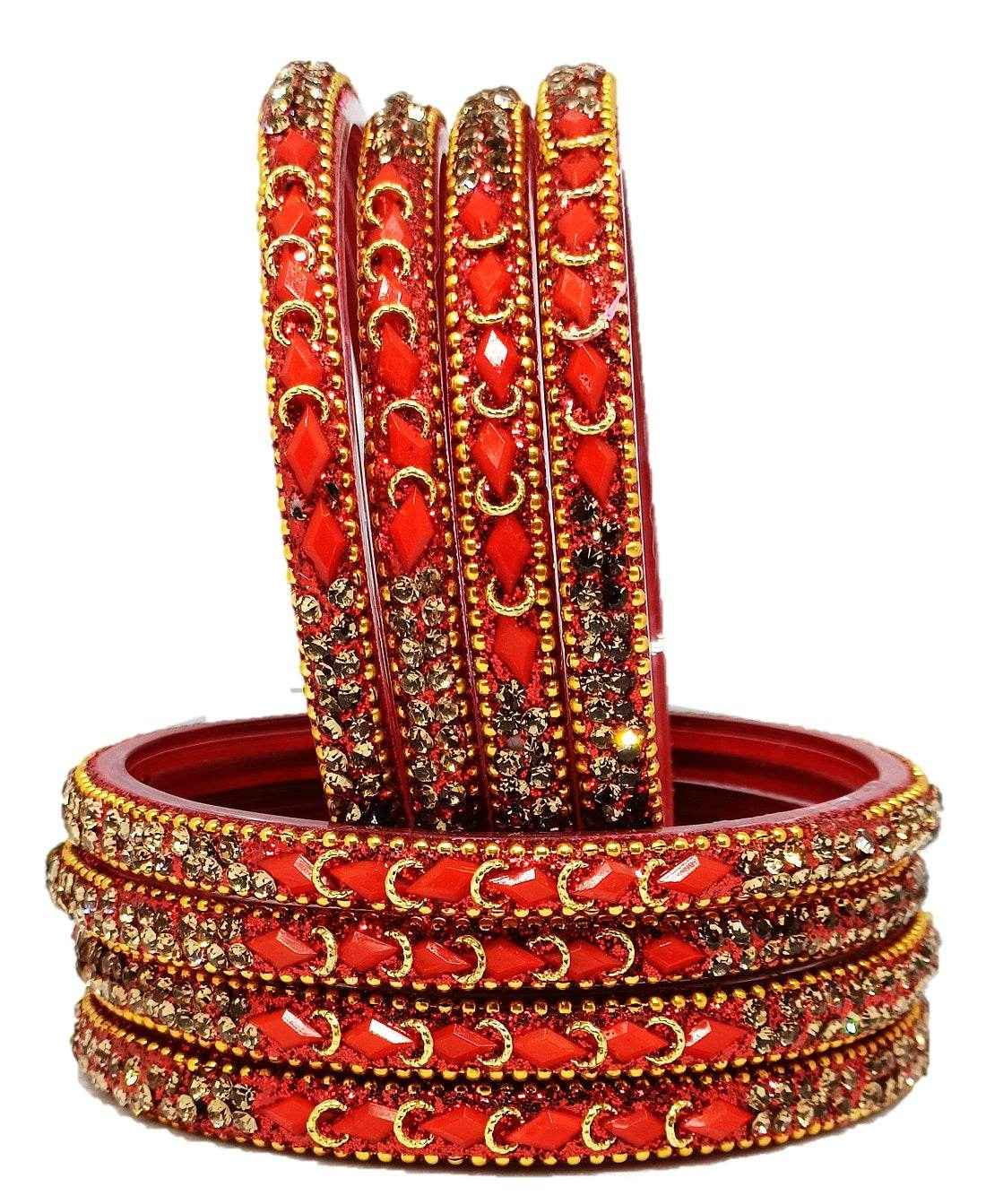 T4 Jewels (Large Size) Red, Green MultiColor Glass Kada Bangles (Pack Of 8)-NLKNTH