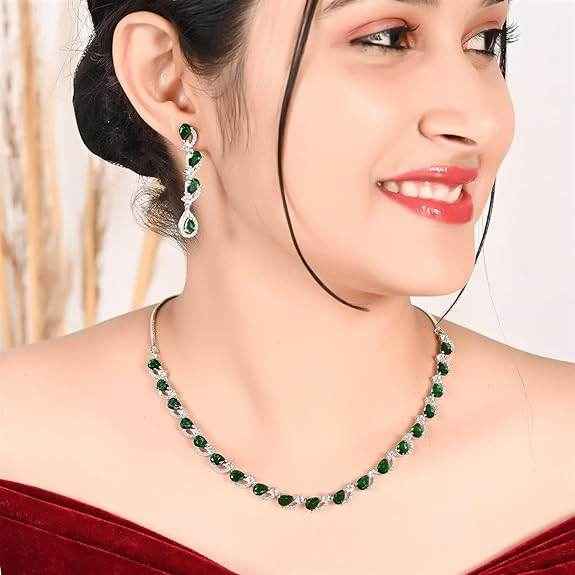 T4 Jewels Green Color American Diamond Necklace