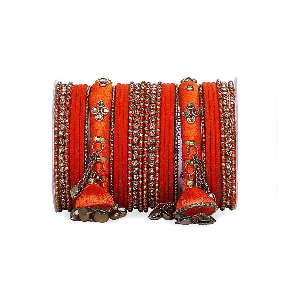Bridal Silk Thread Sets With Large Jhumki Bells Orange T4 Jewels