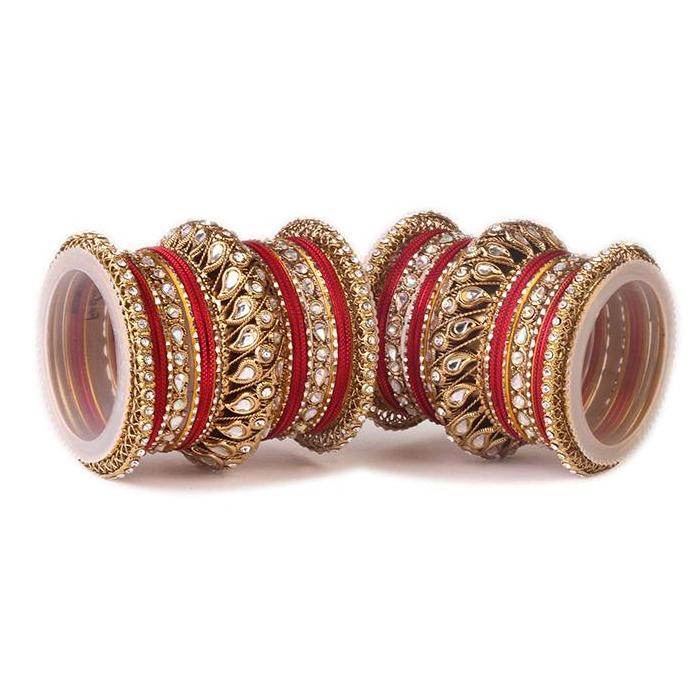 Set of 2 Kundan Bangle Set With Chakri Kada Red T4 Jewels
