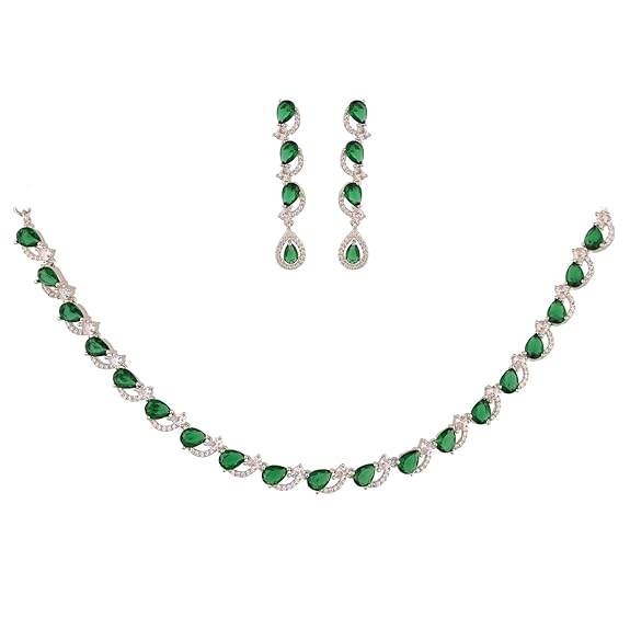 T4 Jewels Green Color American Diamond Necklace T4 Jewels