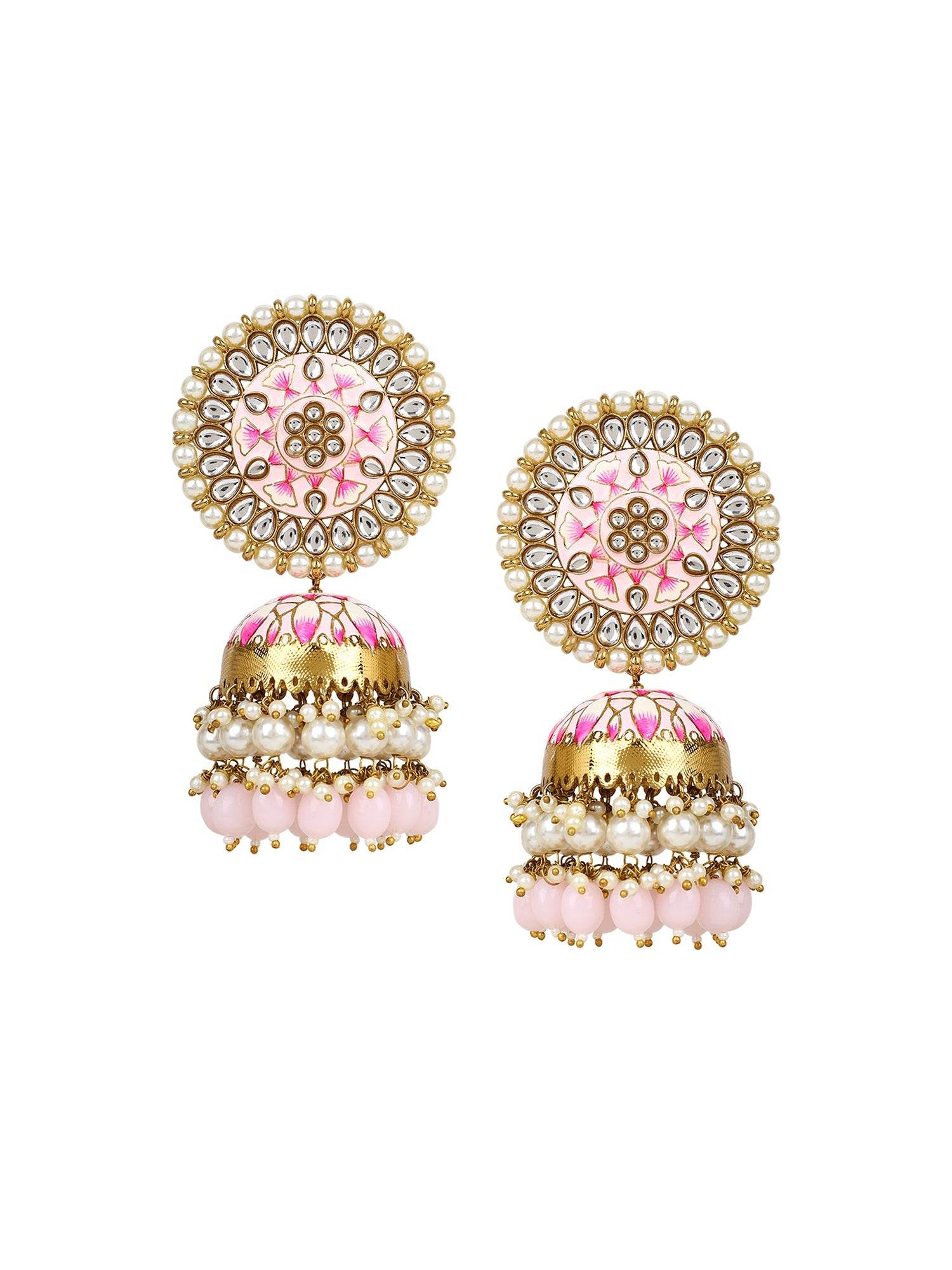 Meenakari Earrings with Kundan Pearl & Jhumka by T4 Jewels Pink T4 Jewels