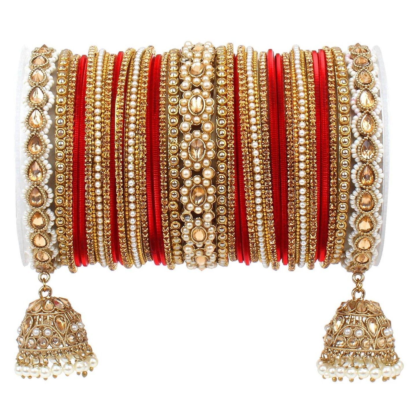 Rich Texture bangle set with Jhumki Borders by T4 Jewels for One Hand Red T4 Jewels