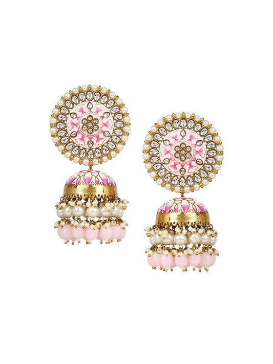 Meenakari Earrings with Kundan Pearl & Jhumka by T4 Jewels Pink T4 Jewels