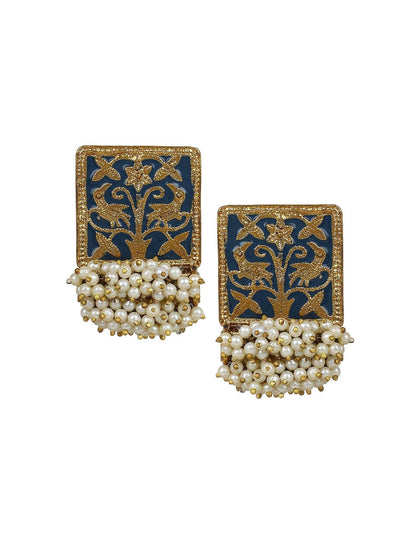 Enamel Earring with Gajra Pearl Border by T4 Jewels Blue T4 Jewels