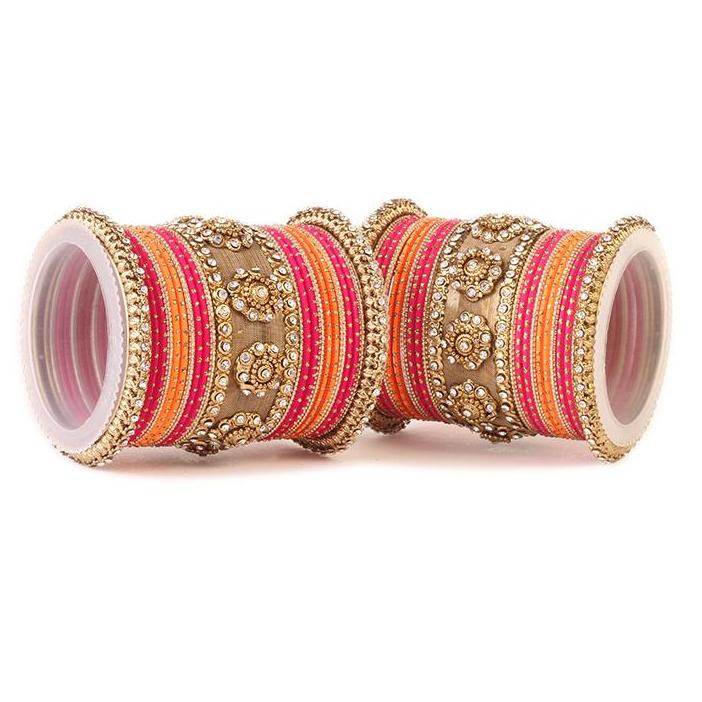 Set of 2 Traditional Jaali Work Multi-Colored Bangle Set Rose Orange T4 Jewels