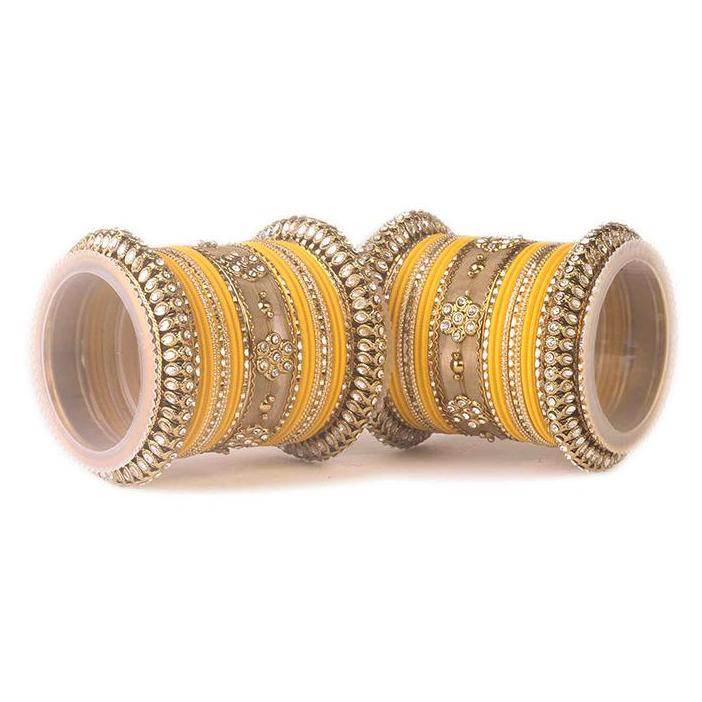Set of 2 Traditional Matte Finish Kundan Bangle Set Yellow T4 Jewels