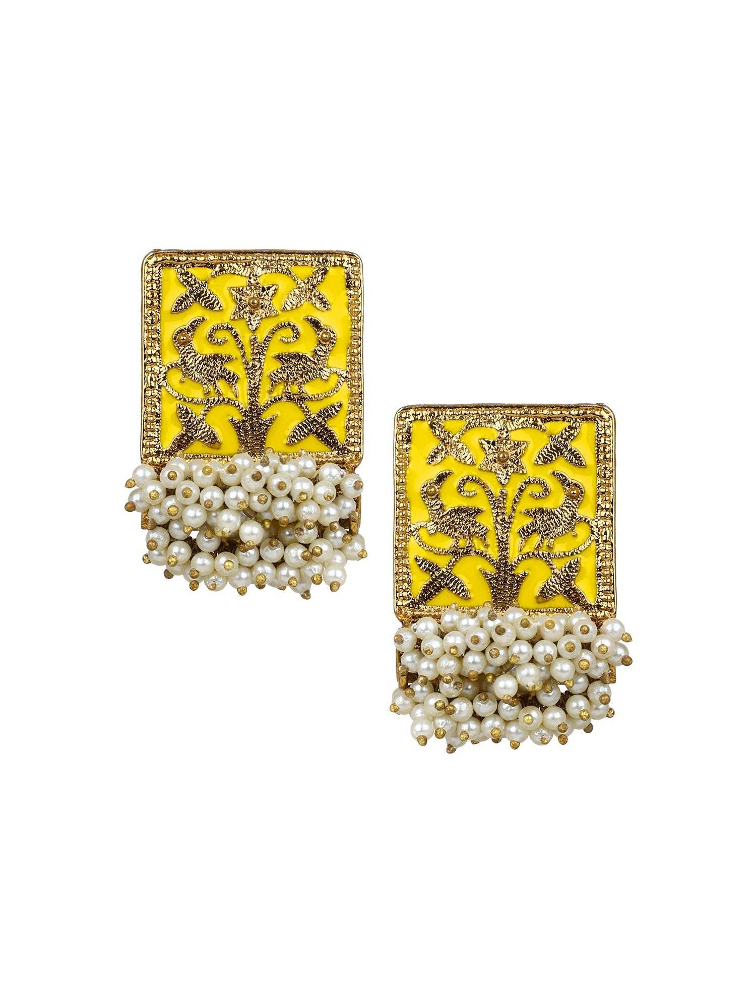 Enamel Earring with Gajra Pearl Border by T4 Jewels Yellow T4 Jewels