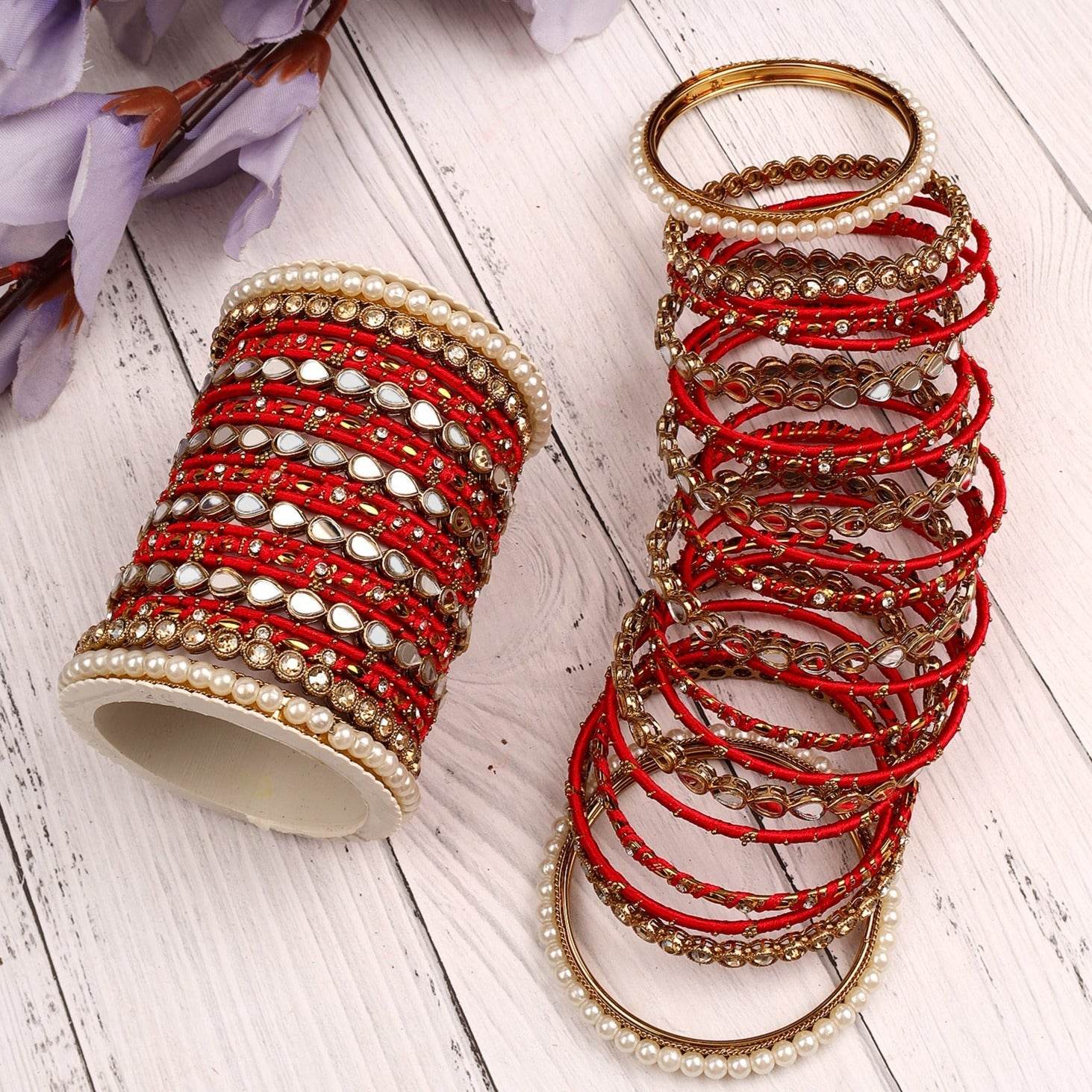 Bangle Set with Drop Mirror Kada and Pearl by T4 Jewels Red T4 Jewels