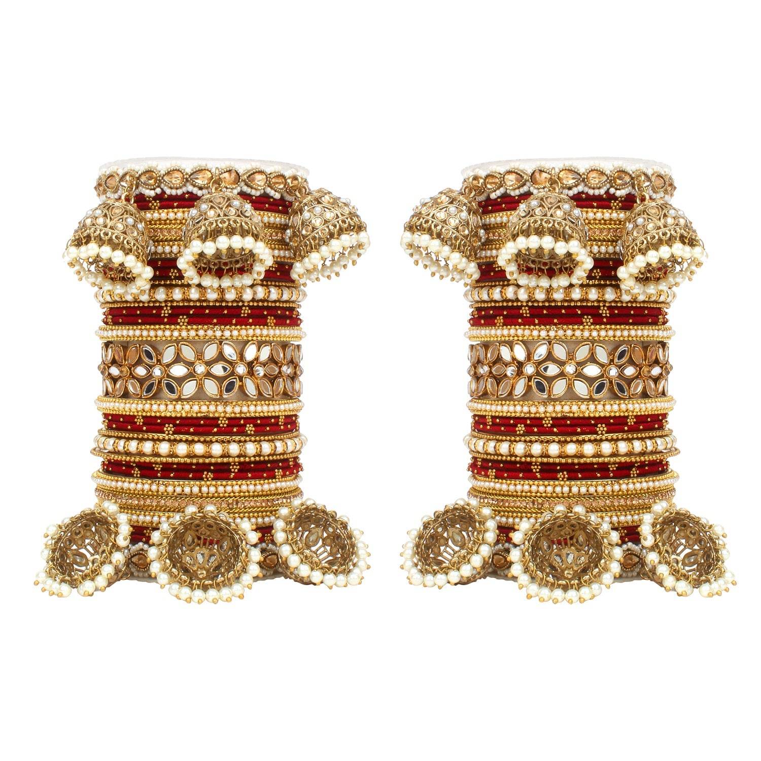 Traditional Jhumki Bangle Set with Thread Bangles and Mirror Kada Maroon T4 Jewels