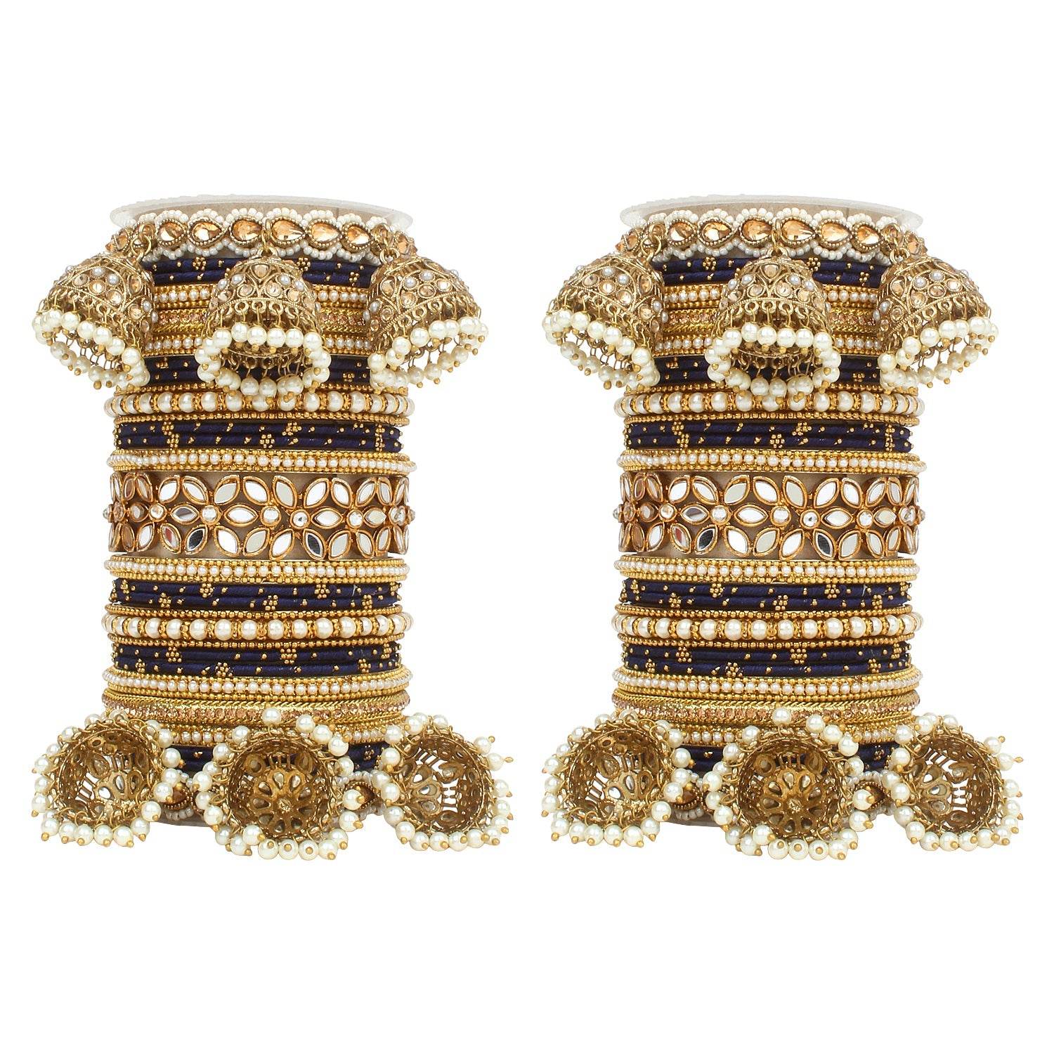 Traditional Jhumki Bangle Set with Thread Bangles and Mirror Kada Black blue T4 Jewels