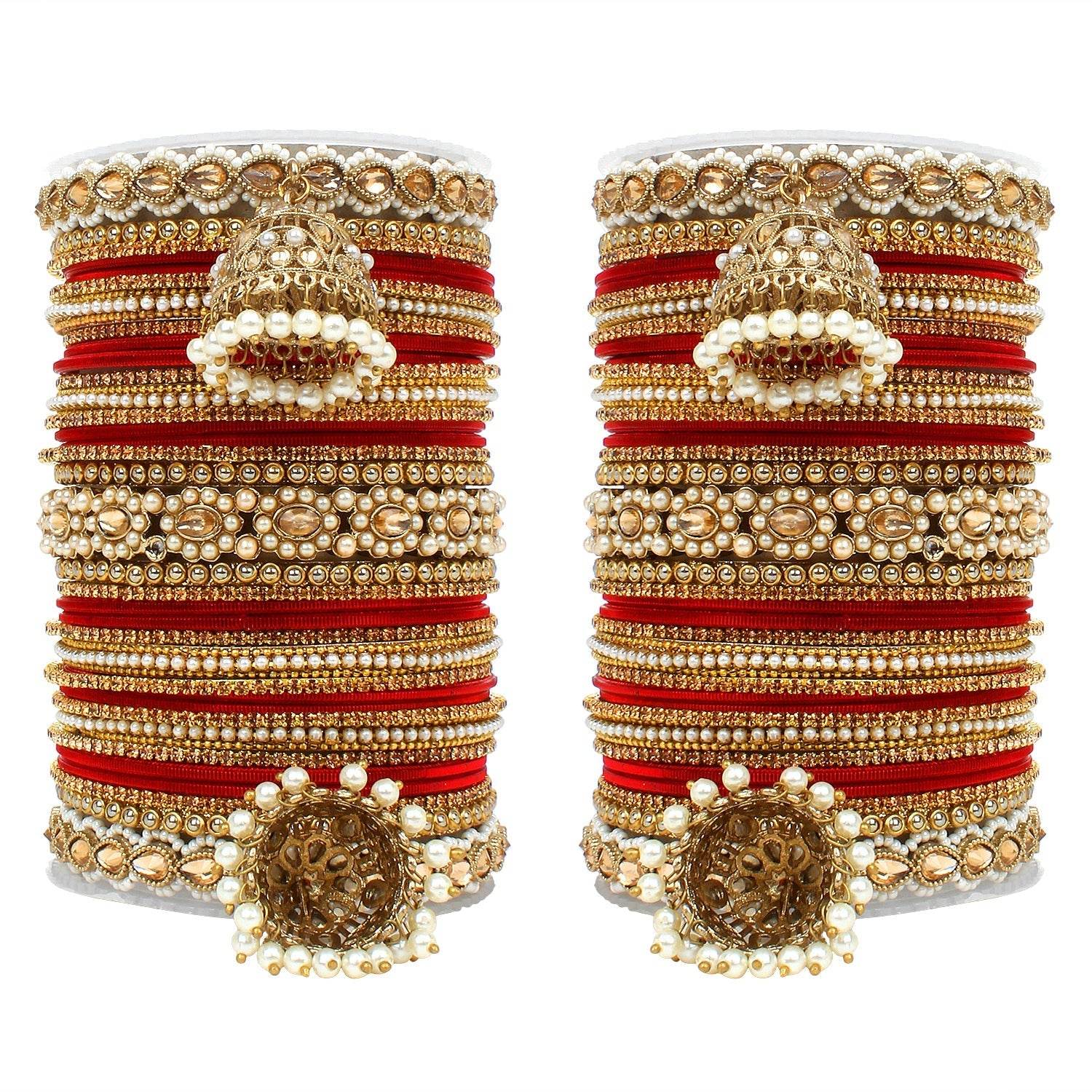 Set of 2 Rich Texture bangle set with Jhumki Borders by T4 Jewels Red T4 Jewels