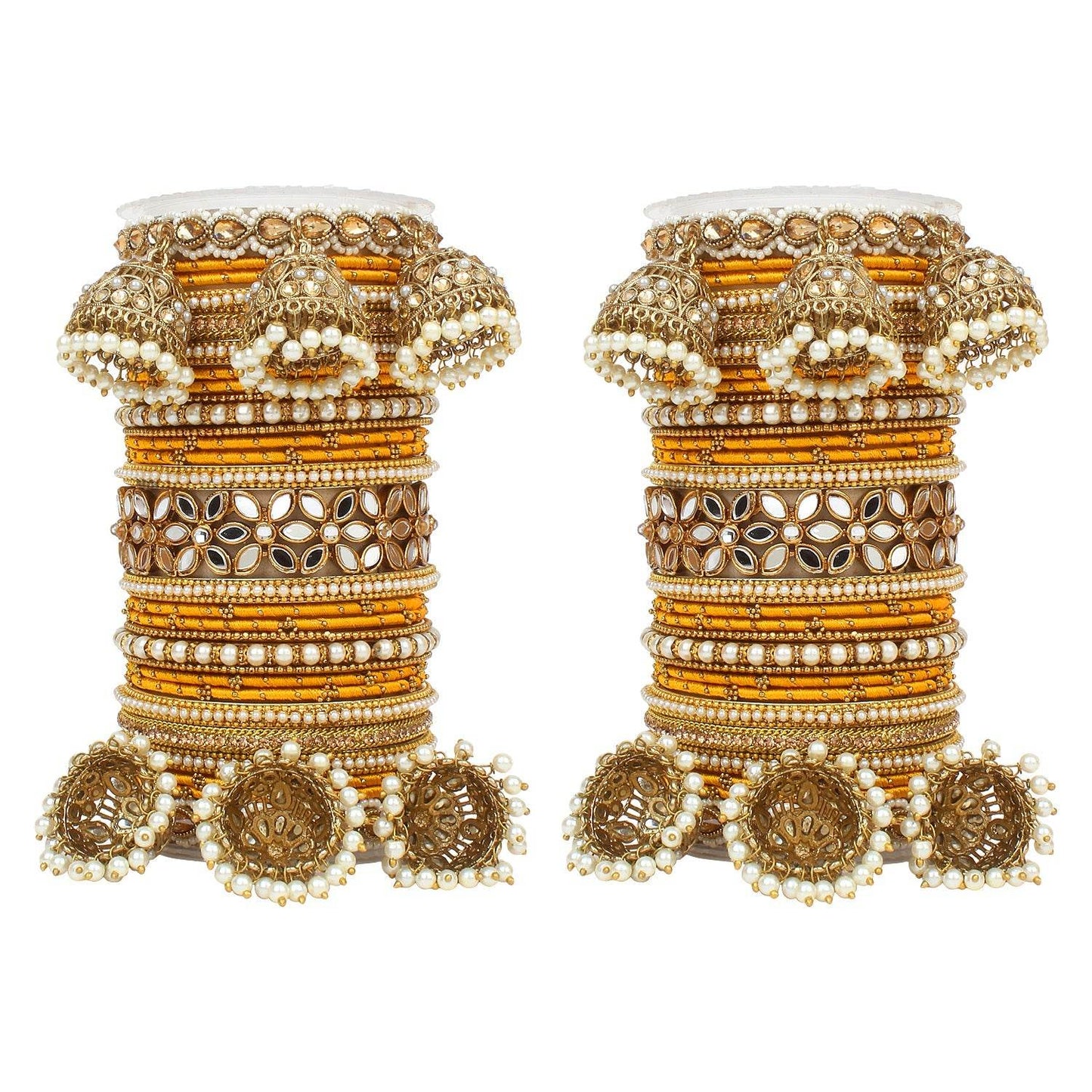 Traditional Jhumki Bangle Set with Thread Bangles and Mirror Kada Yellow T4 Jewels