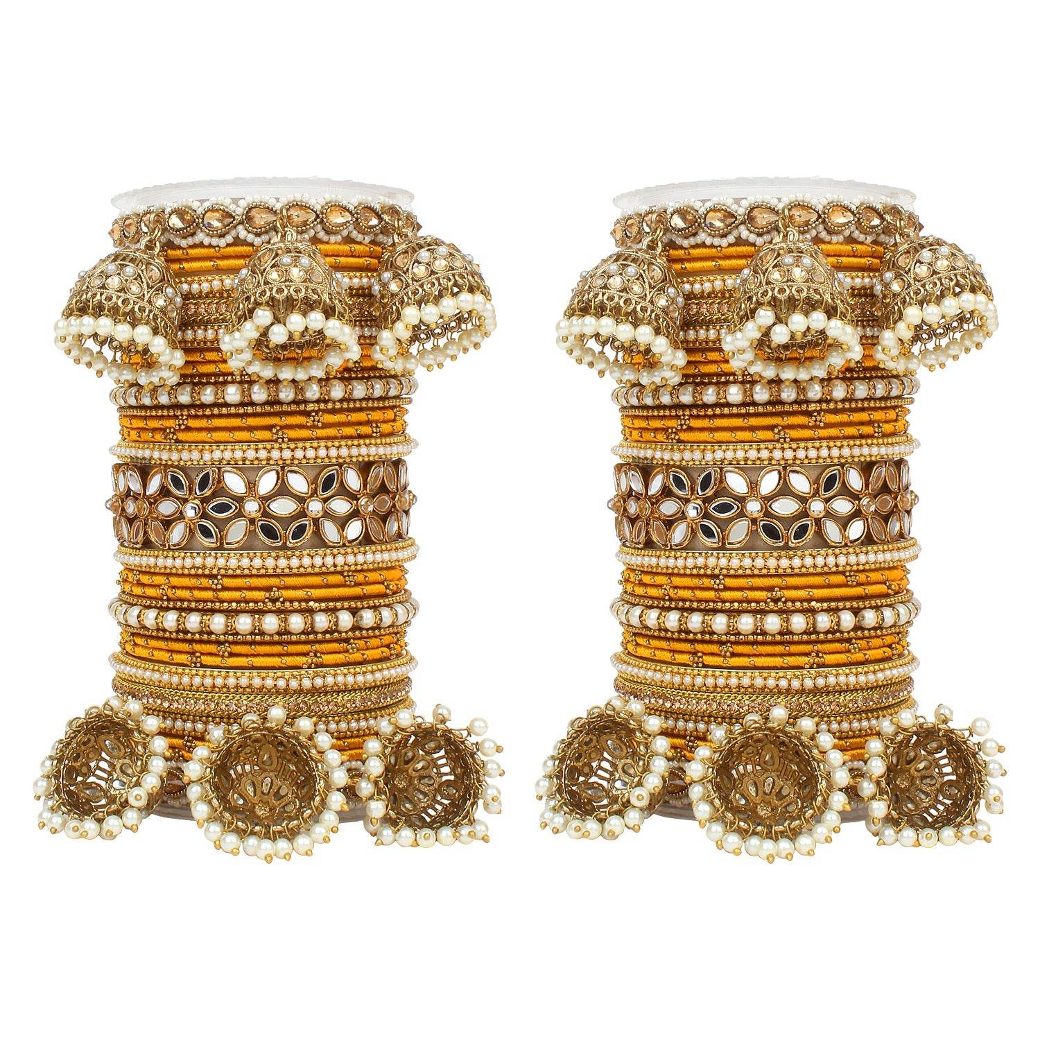 Traditional Jhumki Bangle Set with Thread Bangles and Mirror Kada Yellow T4 Jewels