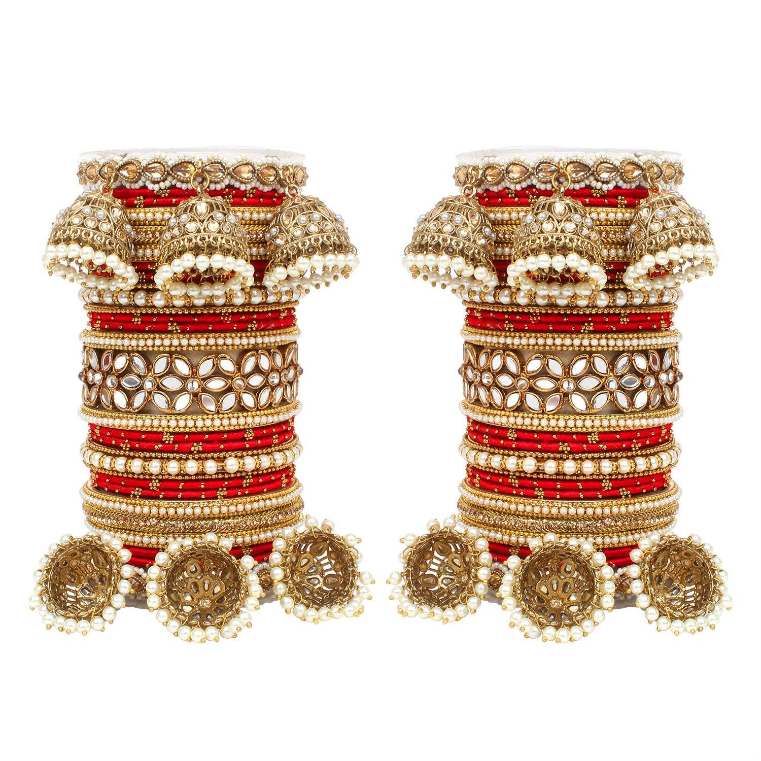 Traditional Jhumki Bangle Set with Thread Bangles and Mirror Kada Red T4 Jewels