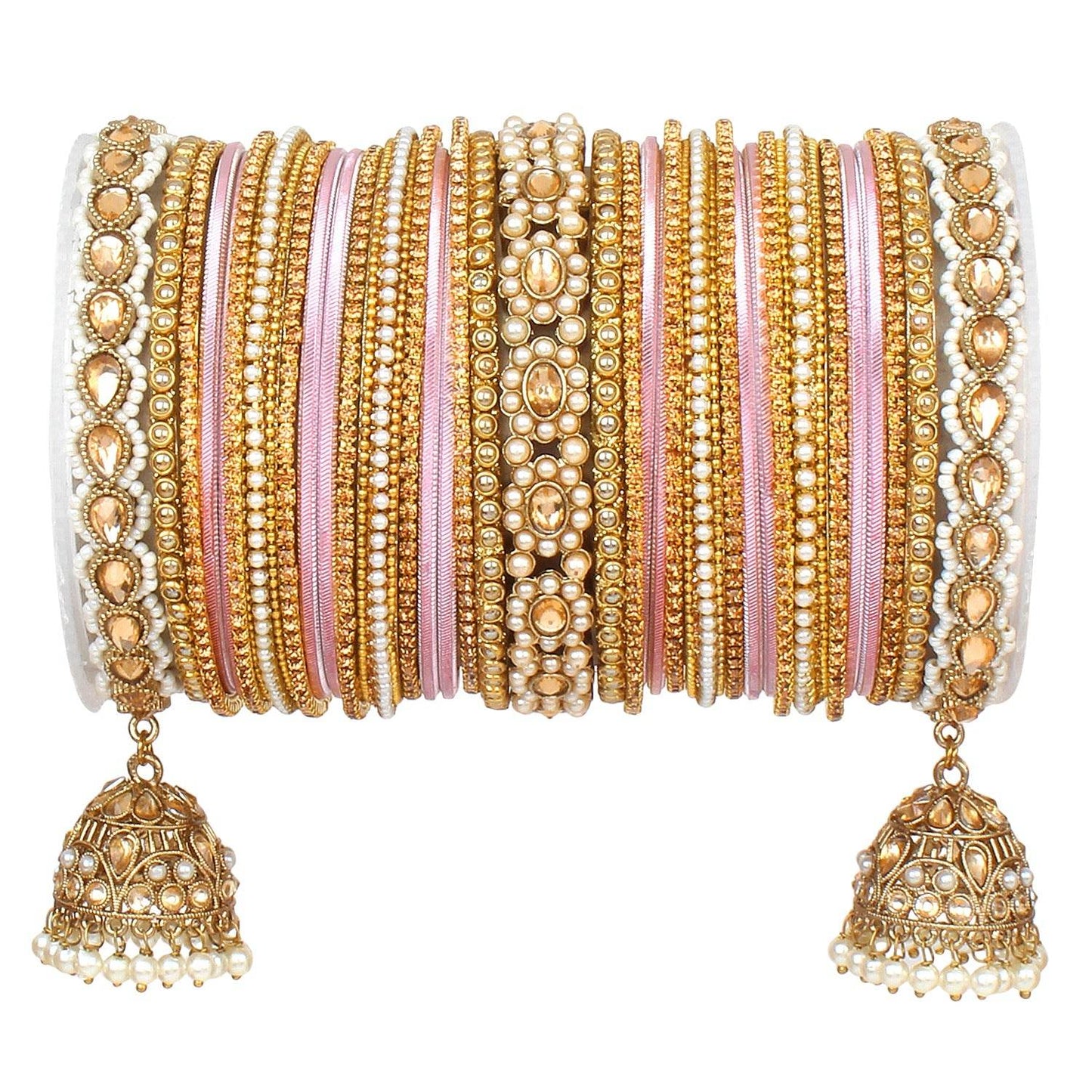 Rich Texture bangle set with Jhumki Borders by T4 Jewels for One Hand Pink T4 Jewels