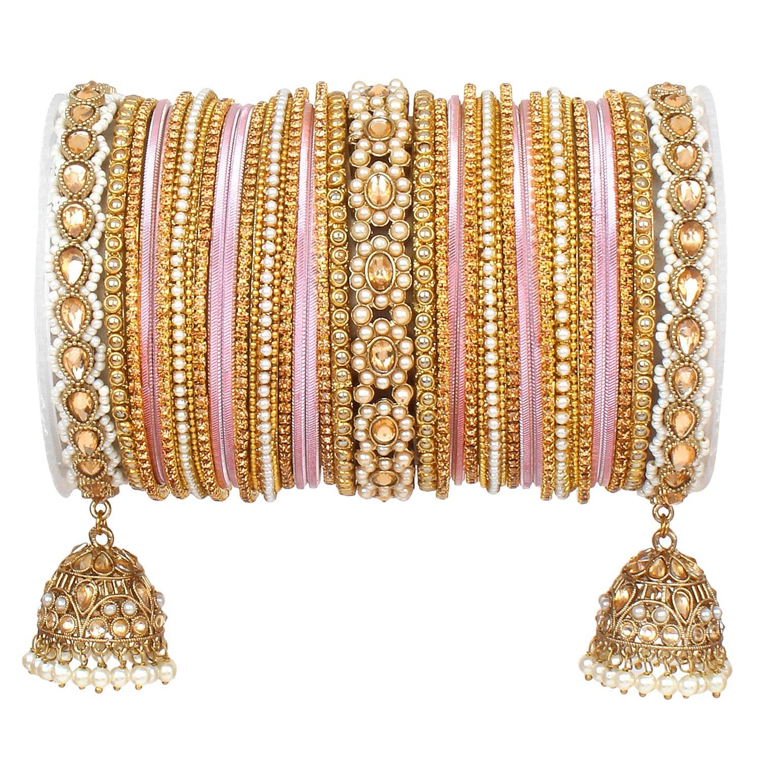 Rich Texture bangle set with Jhumki Borders by T4 Jewels for One Hand Pink T4 Jewels