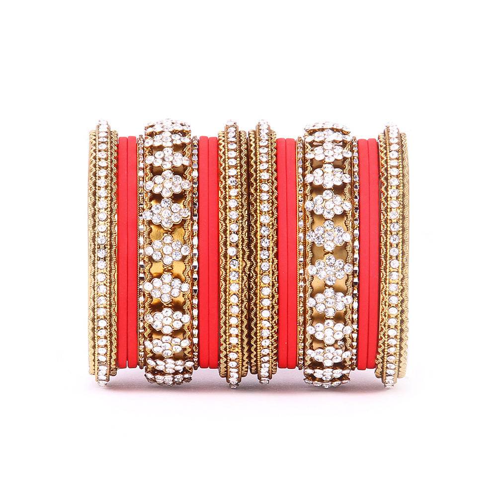 Stylish Matte Finish And Running Stone Pattern Bangle Set Red T4 Jewels