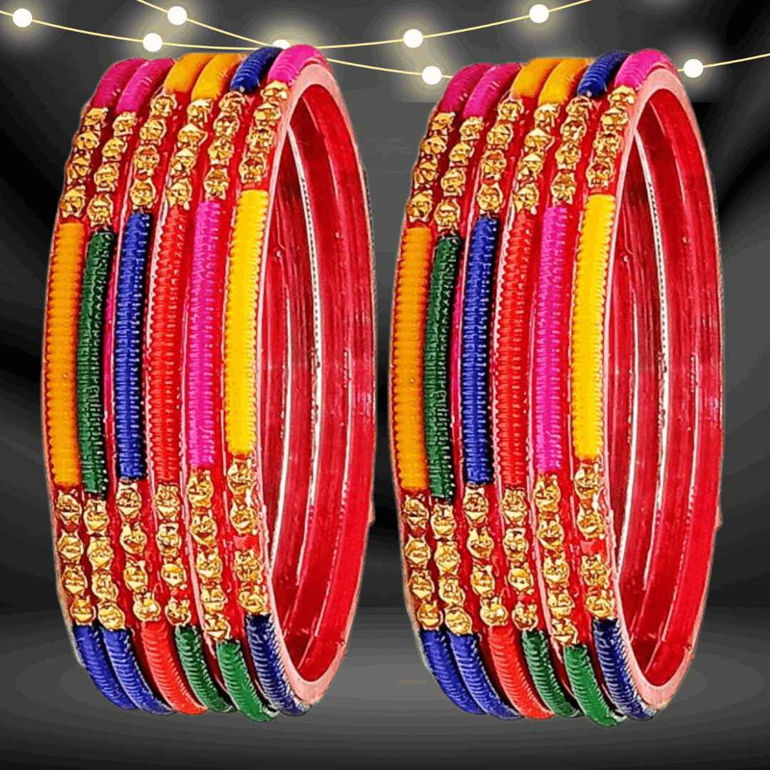 T4 Jewels (Large Size) Golden & Multicolor Glass Bangles (Pack Of 12)-RT