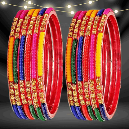 T4 Jewels (Large Size) Golden & Multicolor Glass Bangles (Pack Of 12)-RT