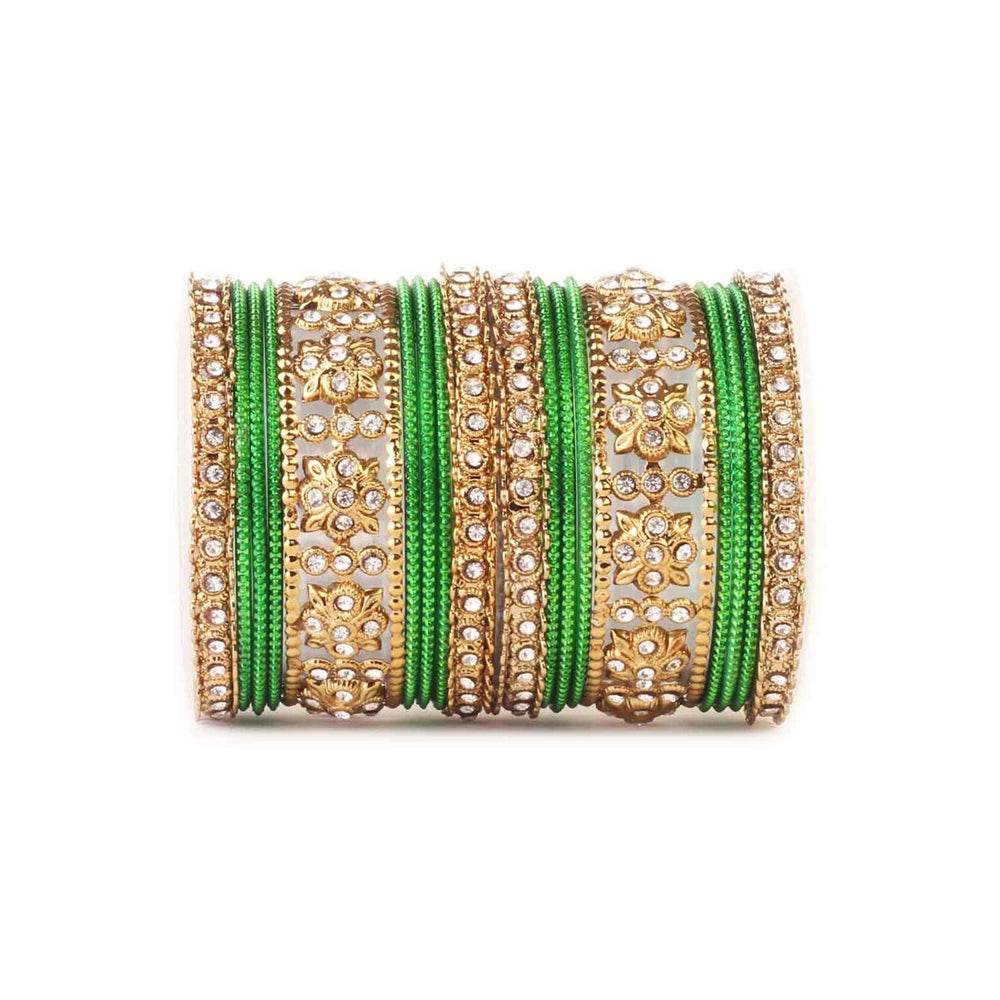 Traditional Colored Flower Pattern Bangle Set Green T4 Jewels