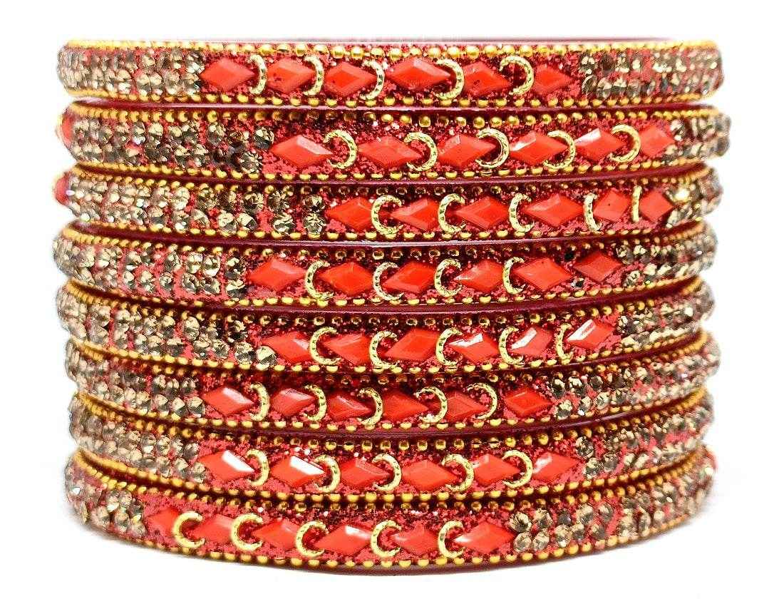 T4 Jewels (Large Size) Red, Green MultiColor Glass Kada Bangles (Pack Of 8)-NLKNTH